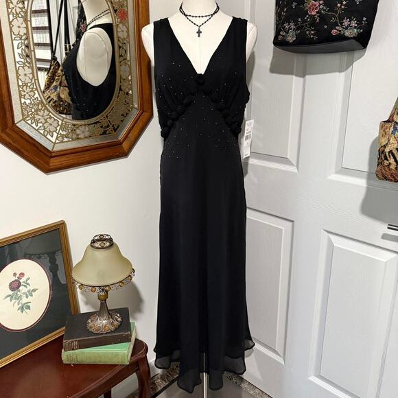 NWT VTG Y2K Karen Kane Black Silk Rosette Beaded Plunge Dark Fairy Maxi Dress L - Picture 3 of 8